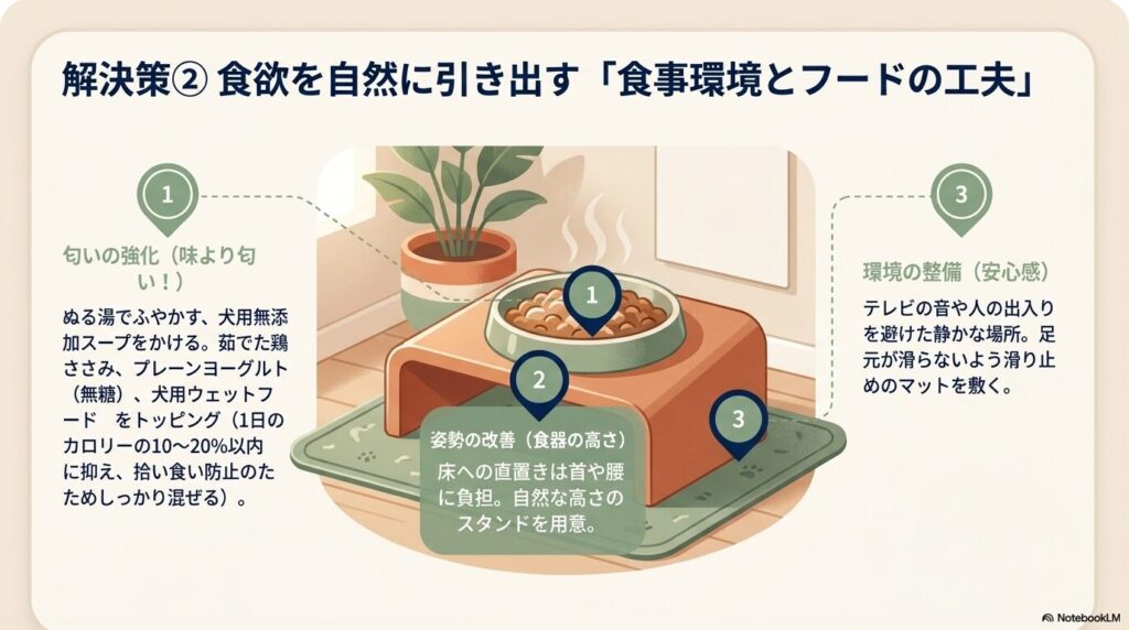 匂いの強化、姿勢の改善、環境の整備という犬の食欲を自然に引き出す3つの工夫をまとめたスライド