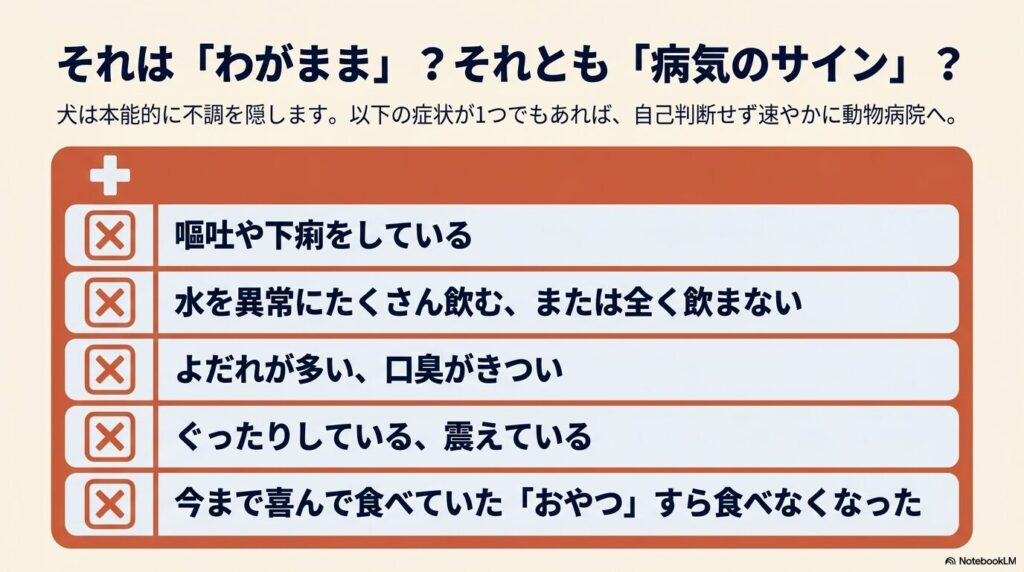 嘔吐や下痢、飲水量の異常など、自己判断せず動物病院へ行くべき5つのサインをまとめたスライド