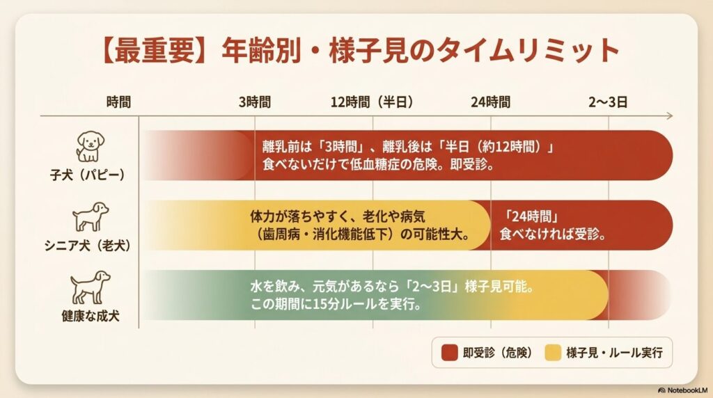 子犬、成犬、シニア犬それぞれの、ご飯を食べない時に様子を見てもよいタイムリミットを図解したスライド