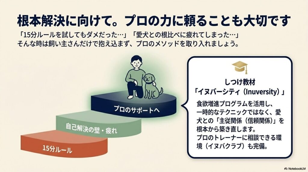 15分ルールで解決しない場合に、犬のしつけ教材やプロのドッグトレーナーなどプロのサポートを頼ることを勧めるスライド