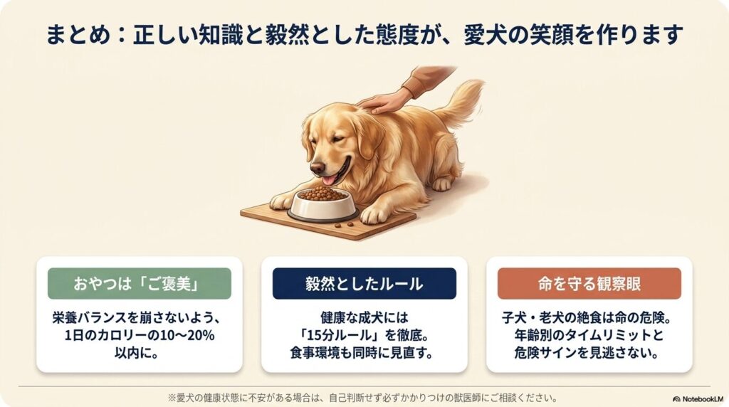 おやつはご褒美、毅然としたルール、命を守る観察眼の3つのポイントをまとめた記事の総括スライド