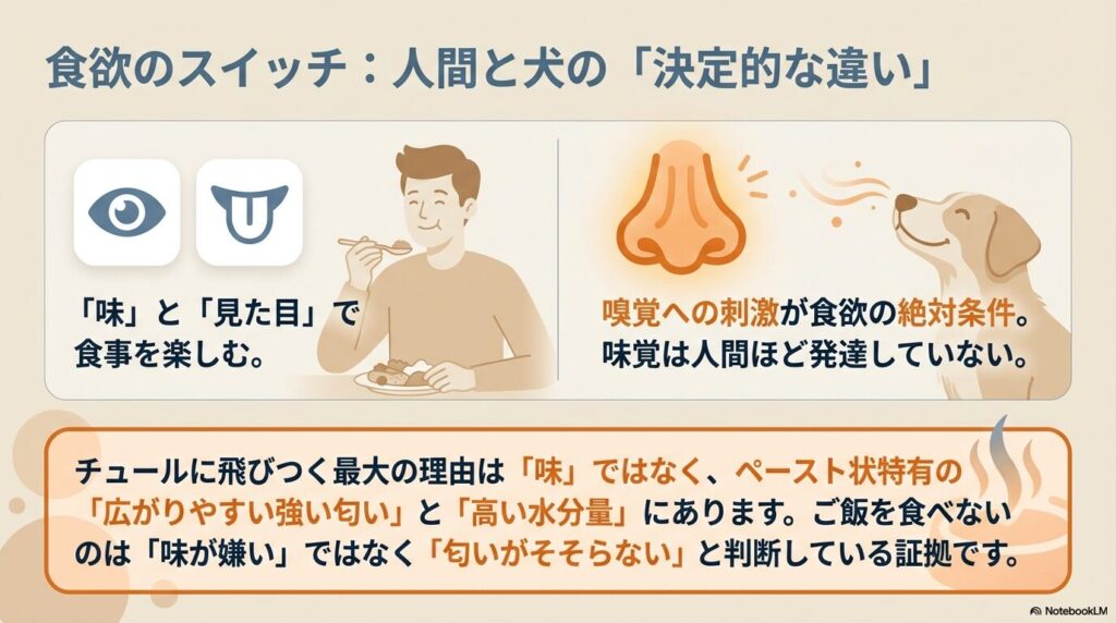 人間は味と見た目で食事を楽しむのに対し、犬は嗅覚への刺激が食欲の絶対条件であることを示す図解