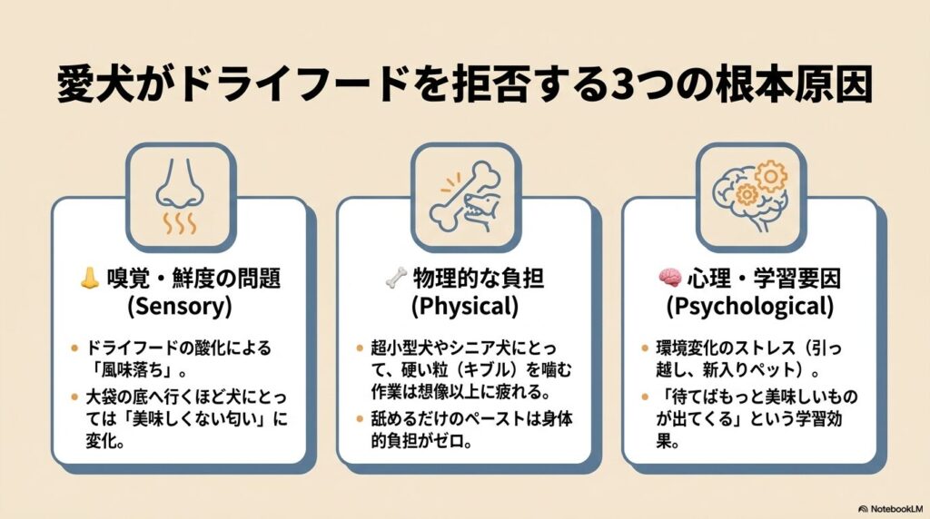 嗅覚・鮮度の問題、物理的な負担、心理・学習要因の3つの観点から犬がフードを拒否する原因をまとめた図