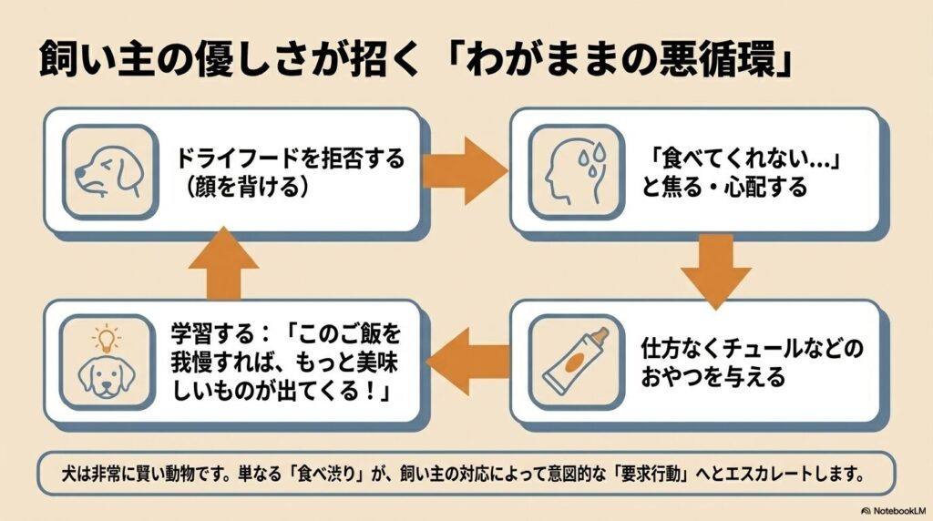 ドライフードを拒否してからチュールをもらうまでの学習サイクルを示したフローチャート