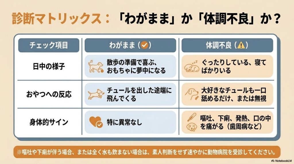 日中の様子、おやつへの反応、身体的サインからわがままと体調不良を見分ける診断マトリックス表
