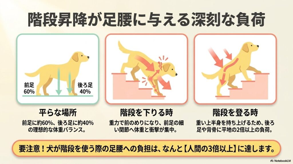 平地と階段での犬の体重バランスの違い。前足と後ろ足にかかる負荷を解説した図解