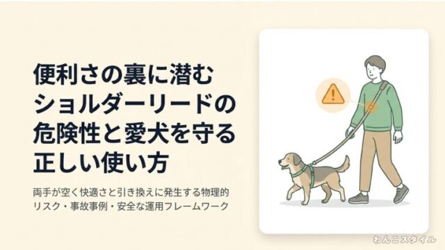 便利さの裏に潜むショルダーリードの危険性と愛犬を守る正しい使い方を解説するタイトルスライド