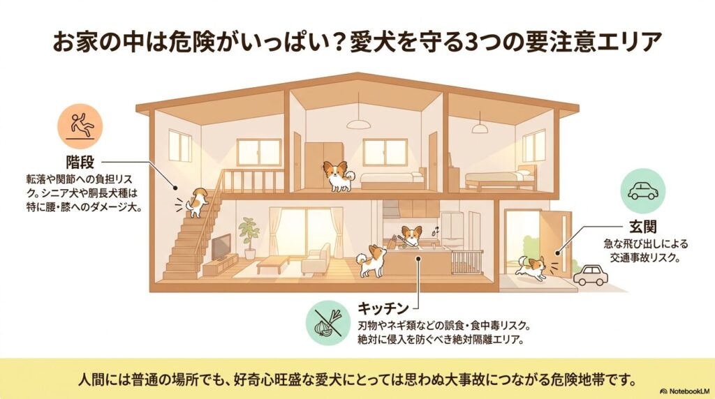 階段、玄関、キッチンの危険性を表した住宅の断面図