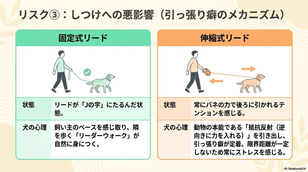 固定式リードと伸縮式リードの比較(引っ張り癖がつくメカニズムと愛犬の心理)