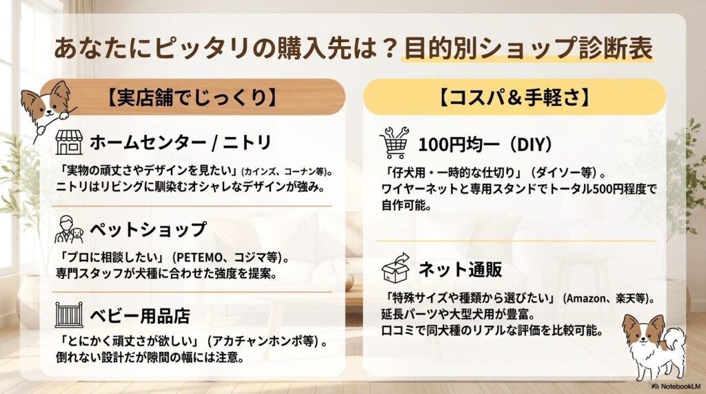 ホームセンター、ペットショップ、ベビー用品店、100円均一、ネット通販の特徴をまとめた目的別ショップ診断表