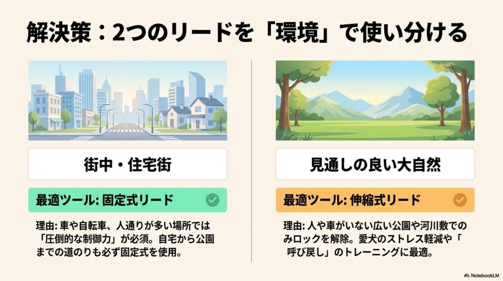 2つのリードを環境で使い分ける方法(街中や住宅街は固定式リード、見通しの良い大自然は伸縮式リード)