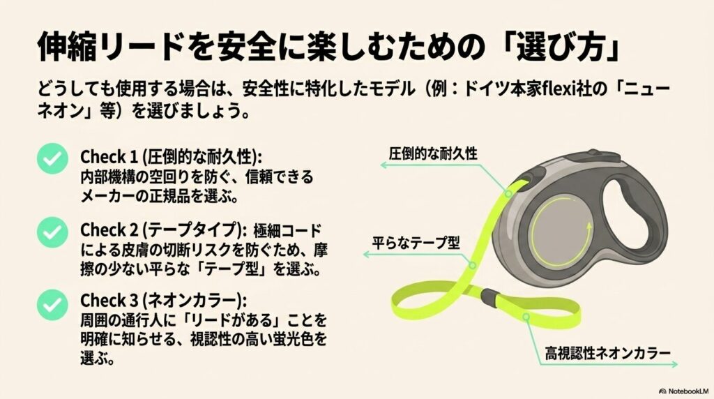 安全な伸縮リードの選び方(圧倒的な耐久性、平らなテープ型、高視認性のネオンカラー)