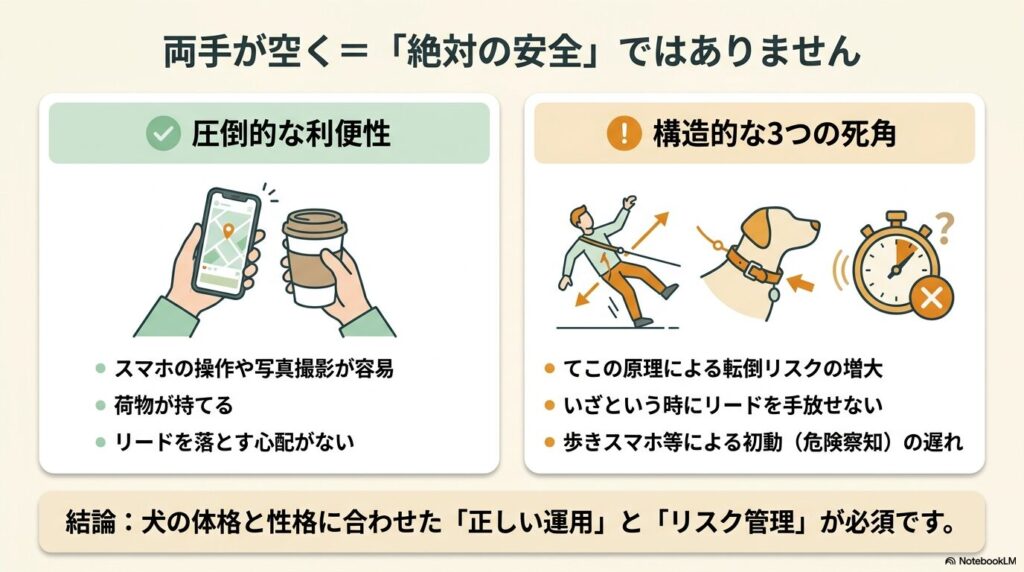 ショルダーリードの利便性と、転倒リスク、リードを手放せない、反応の遅れといった構造的な3つの死角を説明したスライド