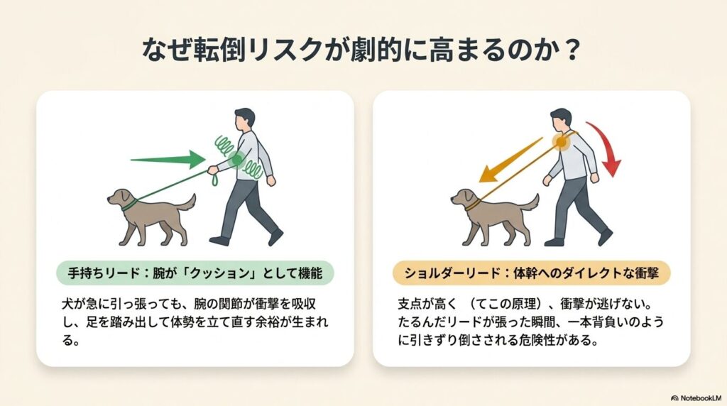 手持ちリードは腕がクッションになる一方、ショルダーリードは体幹へダイレクトに衝撃が伝わり転倒リスクが高まることを図解したスライド