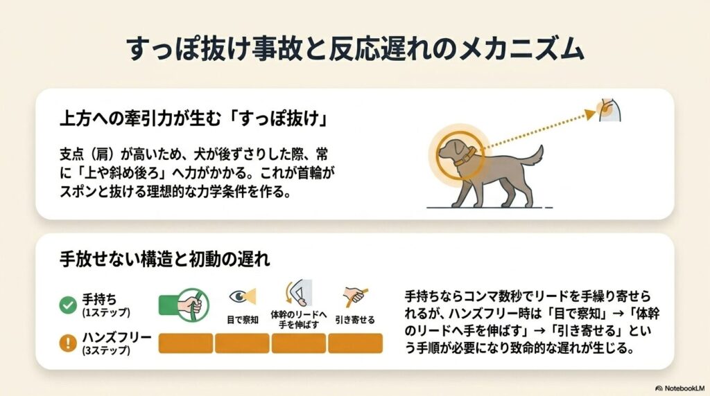 上方への牽引力によるすっぽ抜けと、手持ちリードに比べてハンズフリーは反応が遅れるメカニズムを解説したスライド