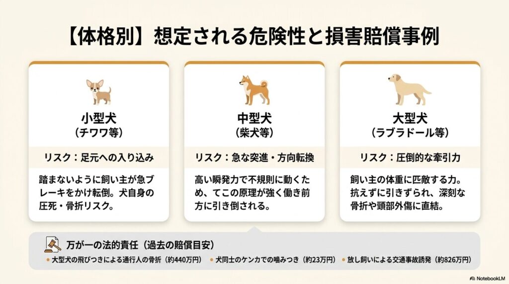 小型犬、中型犬、大型犬ごとの想定される危険性と、過去の損害賠償事例の目安をまとめた表