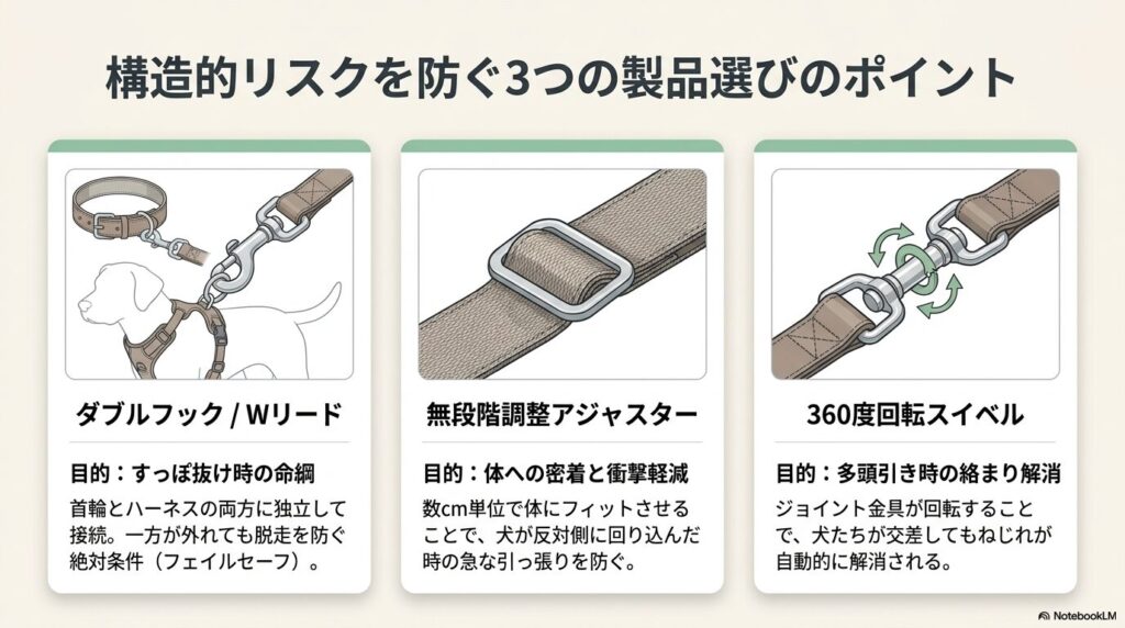 ダブルフック、無段階調整アジャスター、360度回転スイベルといった安全のための製品選びの3つのポイントを図解