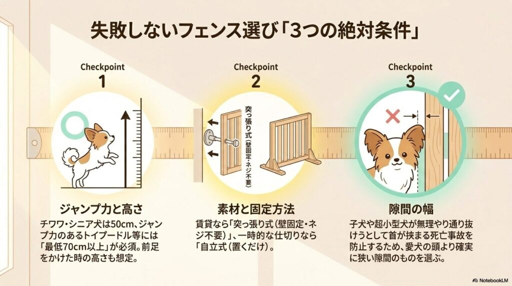 ジャンプ力と高さ、素材と固定方法、隙間の幅の3つのチェックポイント
