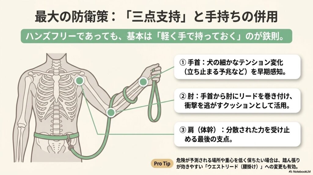 手首、肘、肩の三点支持による力の分散と、手持ちの併用を説明した図