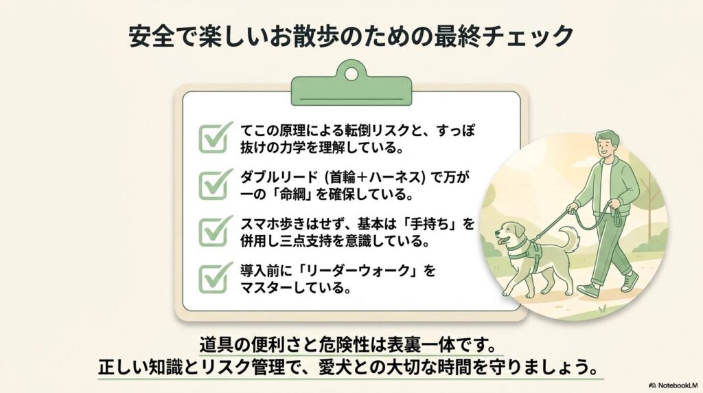 転倒リスクの理解、ダブルリードの確保、三点支持の意識、リーダーウォークのマスターという4つの最終チェックリスト