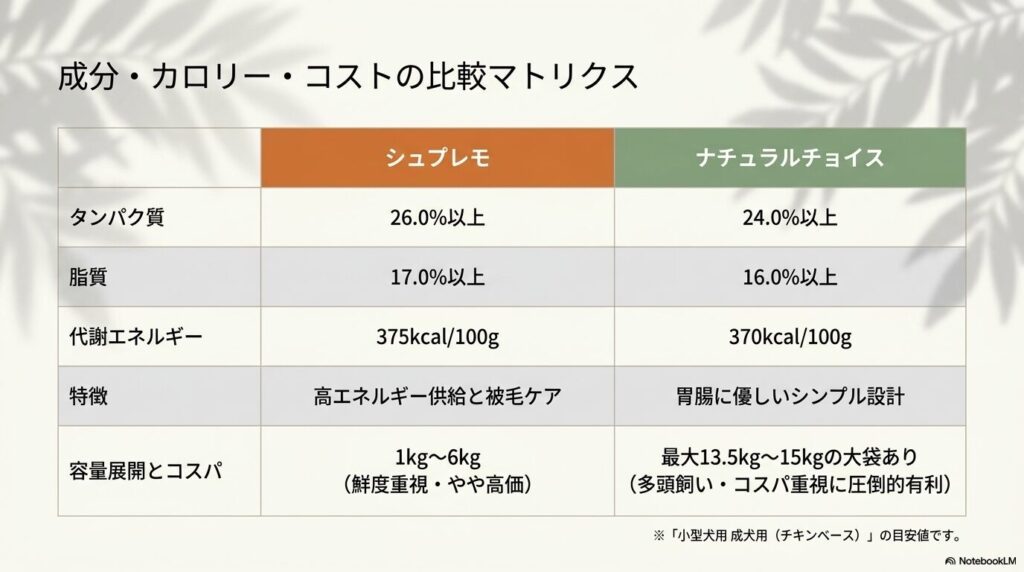 タンパク質、脂質、代謝エネルギーなどのシュプレモとナチュラルチョイスの比較表