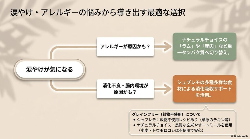 涙やけやアレルギーの原因に応じたフードの選び方と、グレインフリーについての解説