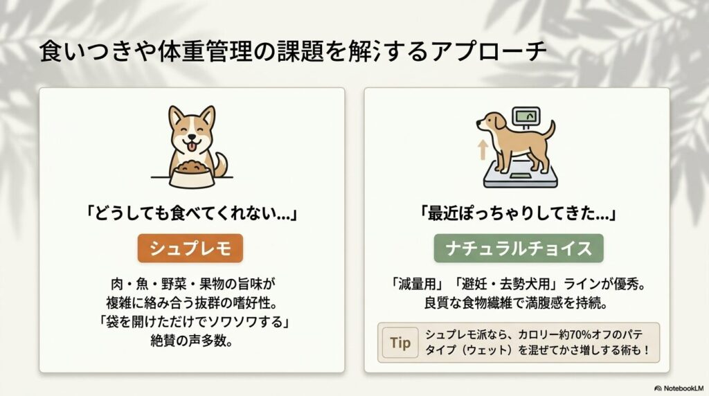 食いつきにはシュプレモ、体重管理にはナチュラルチョイスの減量用などを活用するアプローチ方法