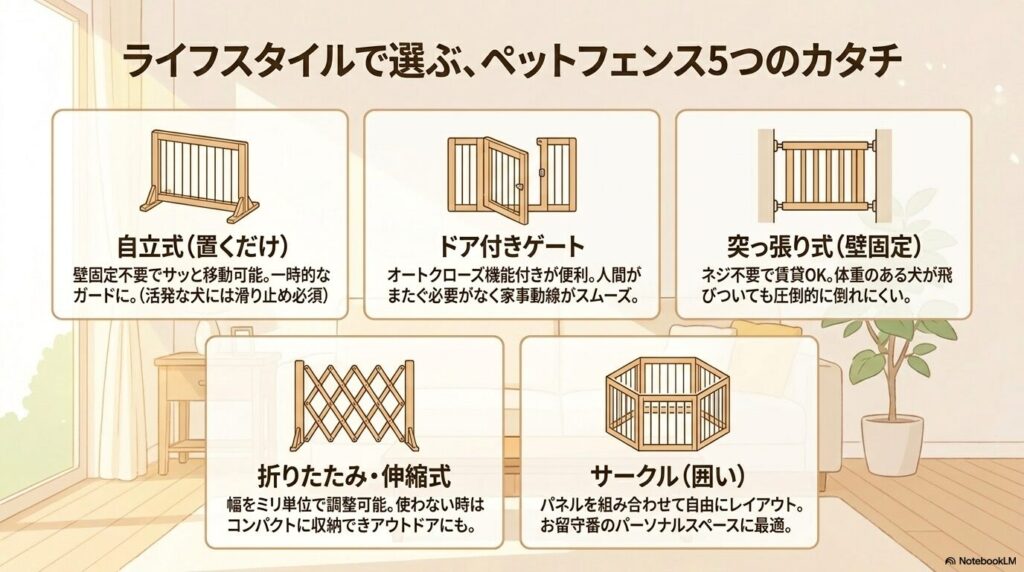 自立式、ドア付きゲート、突っ張り式、折りたたみ・伸縮式、サークルの5つのペットフェンスのイラスト