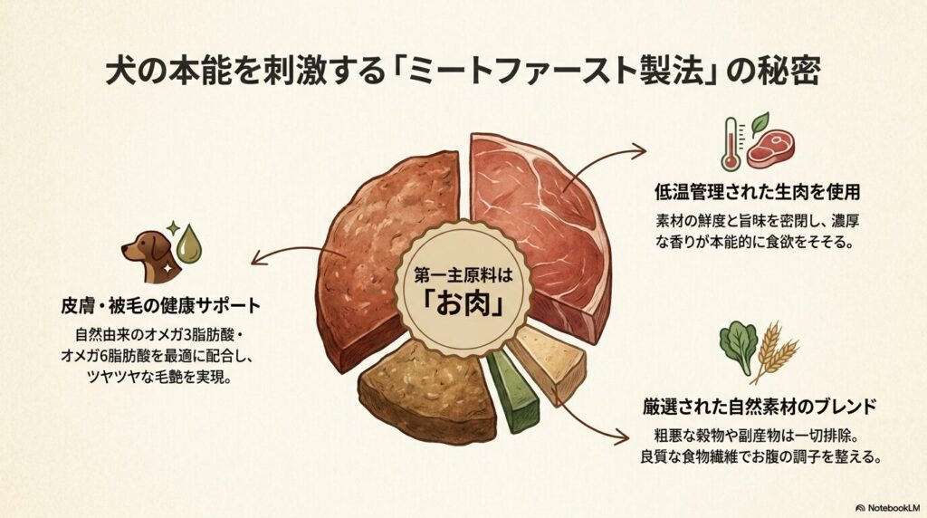 第一主原料はお肉。犬の本能を刺激するミートファースト製法や、皮膚・被毛の健康サポート、厳選された自然素材のブレンドについての解説図。