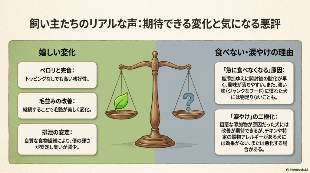 飼い主たちのリアルな声。ペロリと完食、毛並みの改善、排泄の安定といった嬉しい変化や、急に食べない・涙やけが治らない理由などの気になる悪評まとめ。