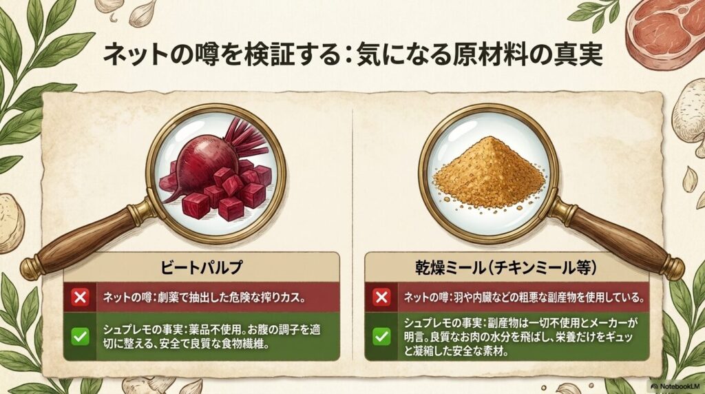 ネットの噂を検証。ビートパルプは薬品不使用で安全な食物繊維、乾燥ミールは副産物不使用で栄養を凝縮した安全な素材であることの解説。