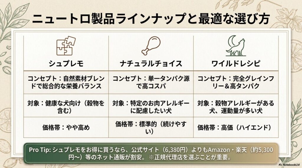 ニュートロ製品ラインナップの比較。シュプレモ、ナチュラルチョイス、ワイルドレシピの各コンセプトや対象となる犬、価格帯の違い。