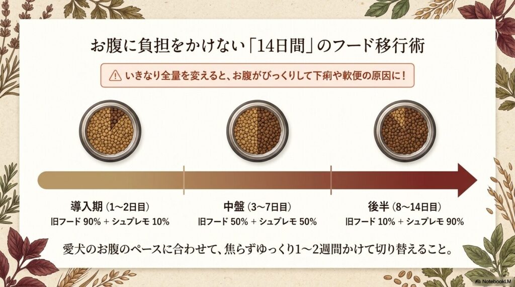 お腹に負担をかけない14日間のフード移行術。導入期、中盤、後半に分けて、旧フードとシュプレモを混ぜる割合を図解。
