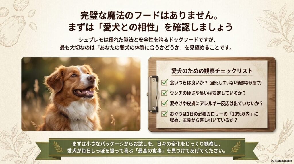 完璧な魔法のフードはありません。食いつき、うんちの硬さ、皮膚の状態などを観察し、愛犬との相性を確認するためのチェックリスト。
