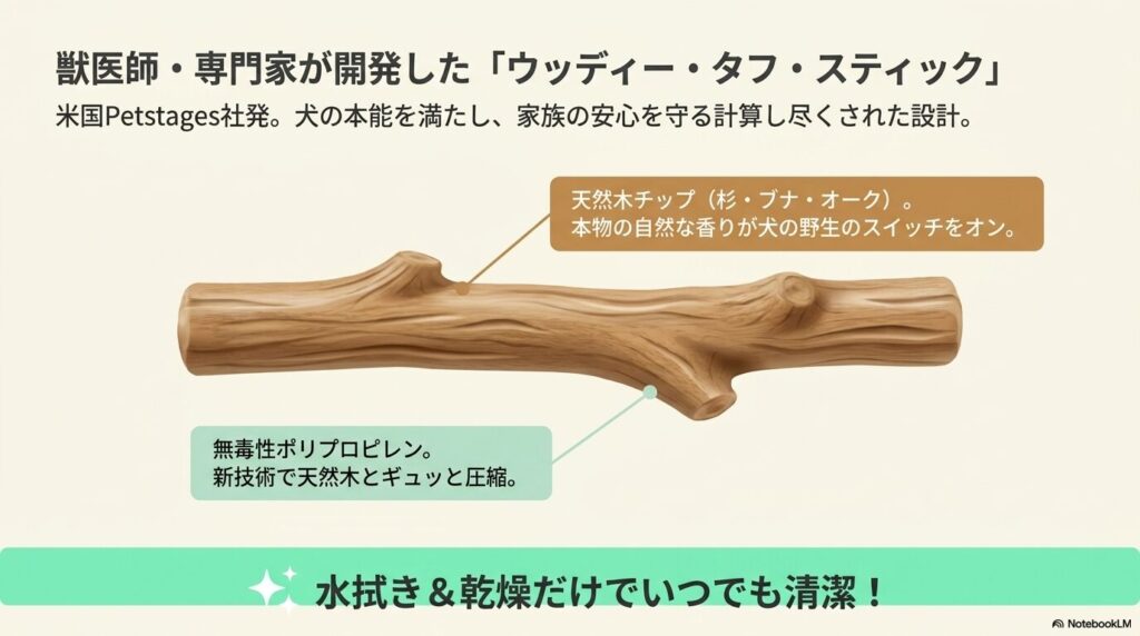 獣医師や専門家が開発したウッディー・タフ・スティックの安全な素材(天然木チップ・無毒性ポリプロピレン)について