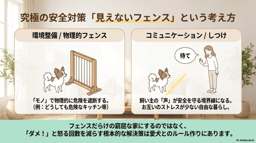 環境整備・物理的フェンスとコミュニケーション・しつけの根本的な違いを表したイラスト