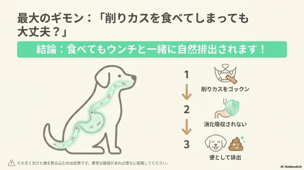 飲み込んだ削りカスが消化吸収されず、ウンチと一緒に自然に排出される仕組みの図解