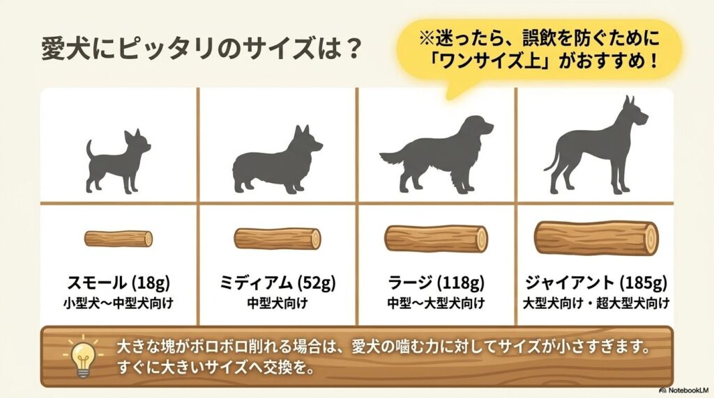 スモールからジャイアントまで、犬の体格に合わせたウッディー・タフ・スティックの4つのサイズ展開