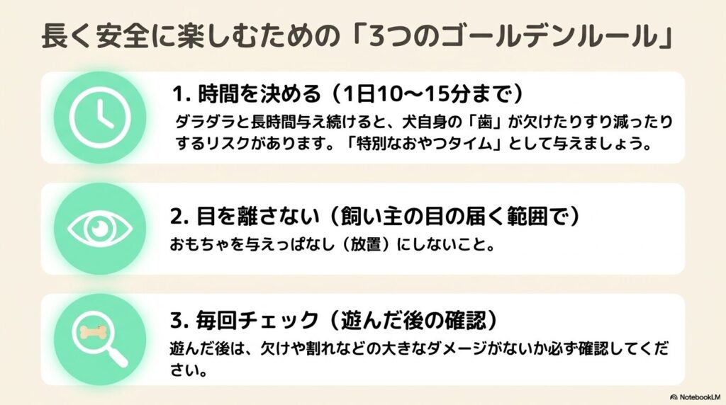 時間を決める、目を離さない、遊んだ後にチェックするという、おもちゃを安全に楽しむための3つのゴールデンルール