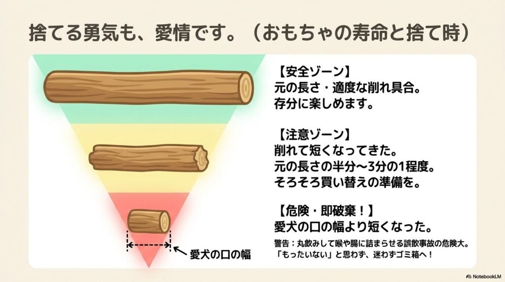 誤飲を防ぐために、おもちゃが愛犬の口の幅より短くなったら迷わず破棄するという寿命と捨て時の目安