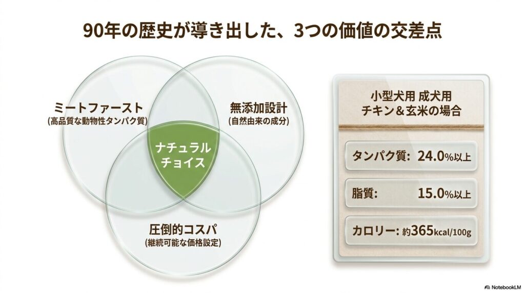 ミートファースト、無添加設計、圧倒的コスパというナチュラルチョイスの3つの特徴と、小型犬用チキン＆玄米の代表的な成分表