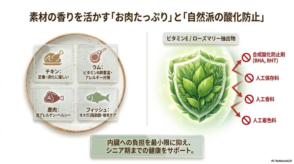 チキン、ラム、鹿肉、フィッシュなどの豊富なタンパク源と、ビタミンEやローズマリー抽出物を使用した自然派の酸化防止対策の解説