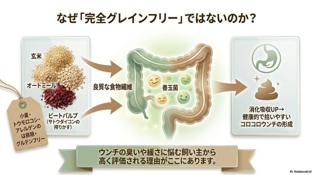 玄米やオートミール、ビートパルプなどの良質な食物繊維が腸内の善玉菌を増やし、消化吸収を高めて健康的なウンチの形成をサポートするメカニズムの図解