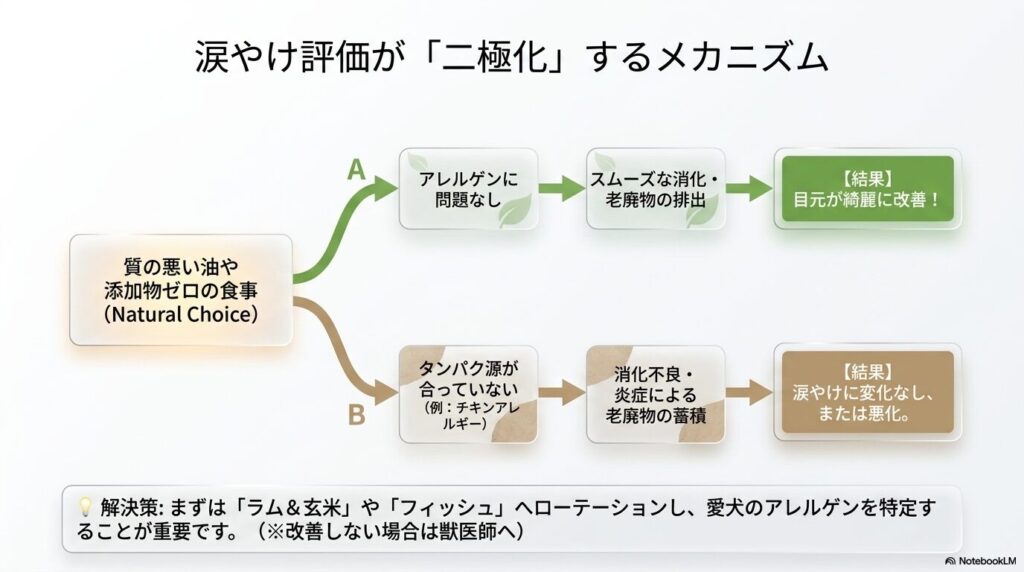 アレルゲンに問題がなければ涙やけが改善する一方、タンパク源が合わないと悪化する可能性があることを示す図解と、タンパク源ローテーションの提案