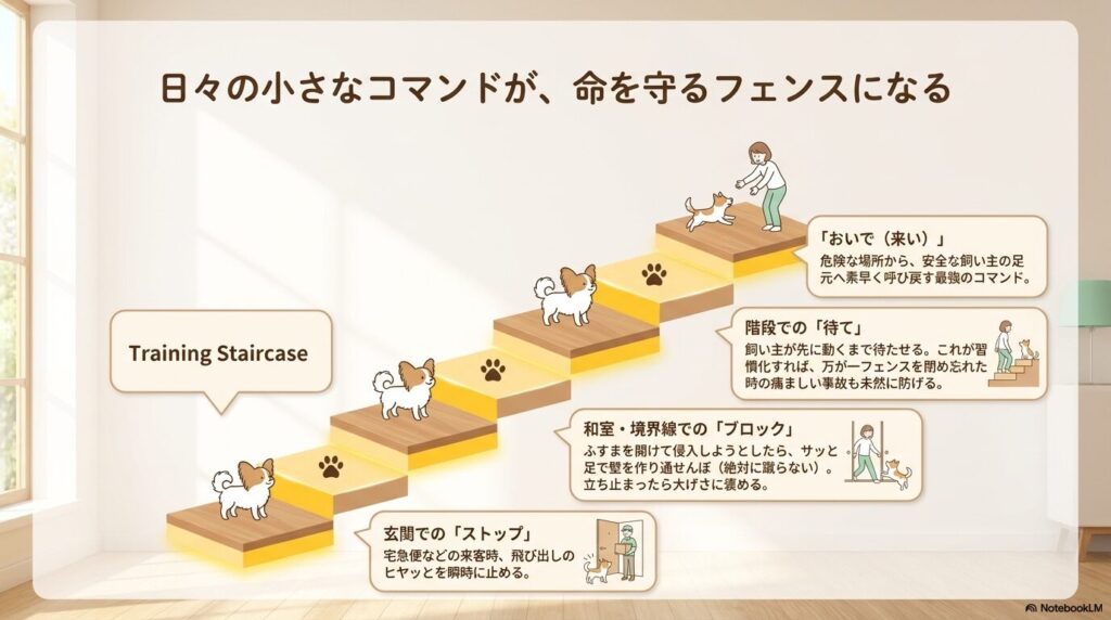 玄関でのストップ、おいで、階段での待て、和室でのブロックのトレーニングステップ