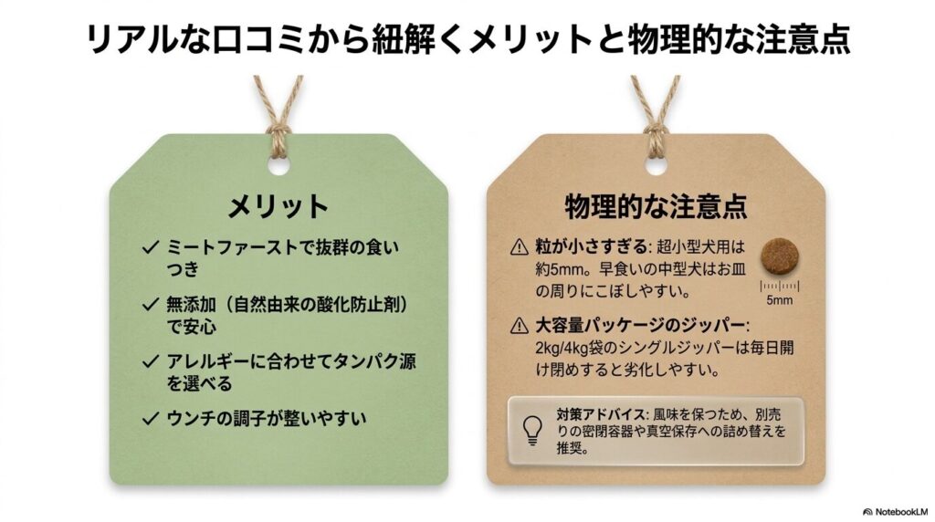 ミートファーストや無添加などのメリットと、粒が小さすぎる点や大容量パッケージのジッパーの劣化といった物理的な注意点のまとめ