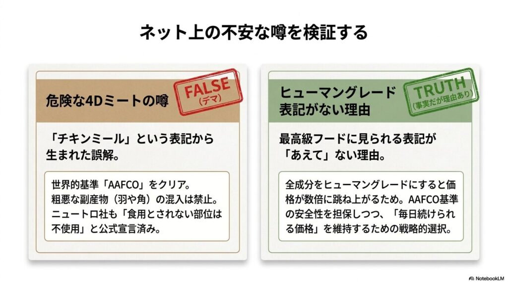 危険な4Dミートの噂がデマである理由と、AAFCO基準を満たしつつコスパを維持するためにあえてヒューマングレード表記をしていない理由の解説