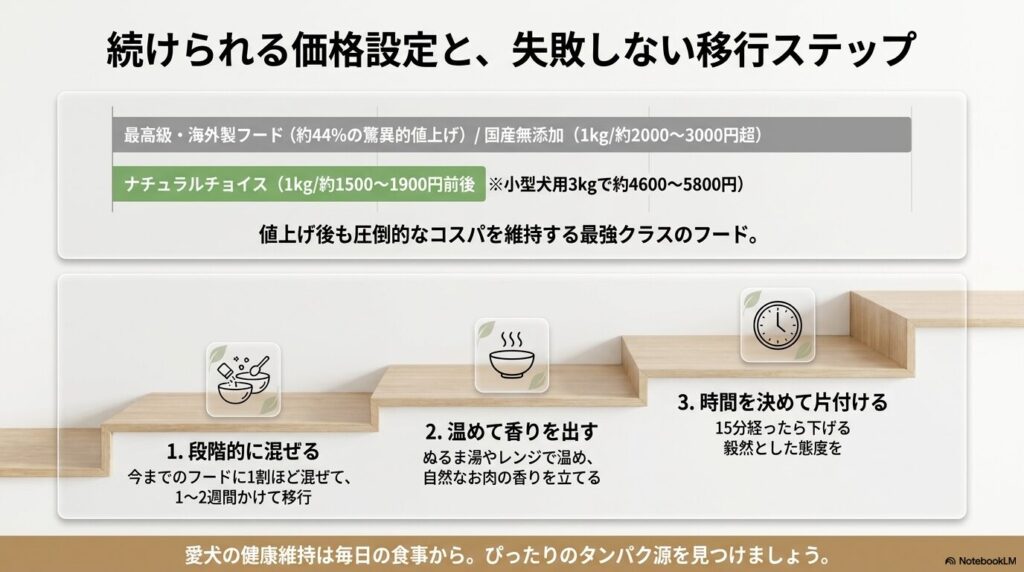 値上げ後も優れたコスパを維持していることと、食べない時の対策として段階的に混ぜる、温める、時間を決めて片付けるという3つの移行手順の解説