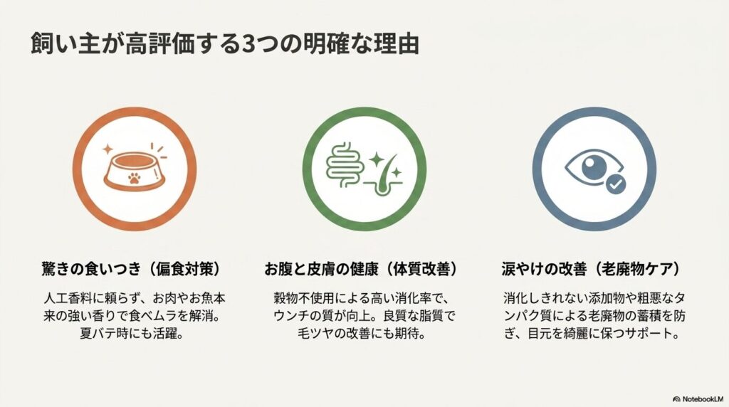 飼い主がワイルドレシピを高評価する3つの明確な理由（驚きの食いつき、お腹と皮膚の健康、涙やけの改善）をまとめたスライド