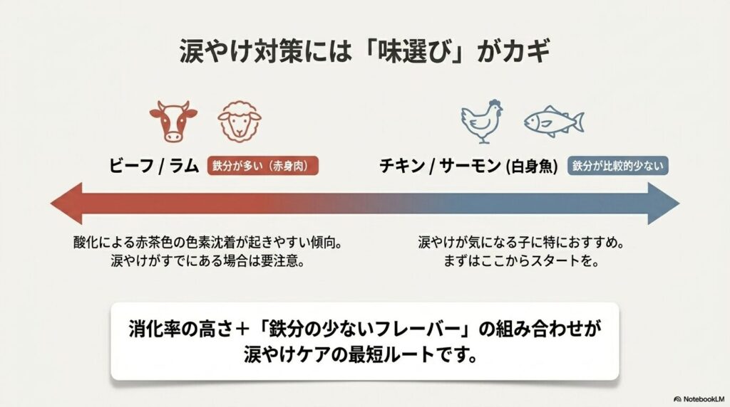 涙やけ対策には味選びがカギであり、鉄分の多いビーフやラムと、鉄分の比較的少ないチキンや白身魚の涙やけへの影響の違いを解説したスライド